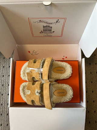 Herme* top autumn and winter new H-shaped leather plush slippers