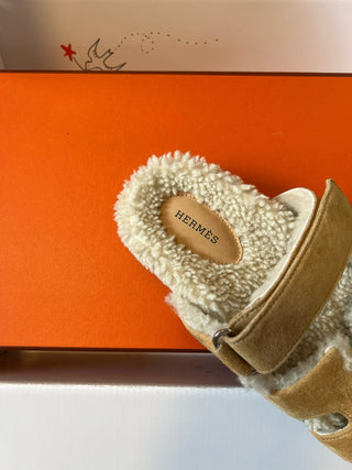 Herme* top autumn and winter new H-shaped leather plush slippers