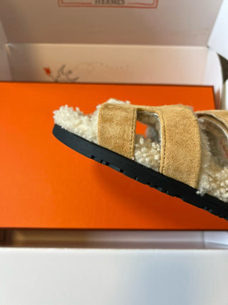 Herme* top autumn and winter new H-shaped leather plush slippers