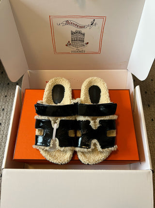 Herme* top autumn and winter new H-shaped leather plush slippers