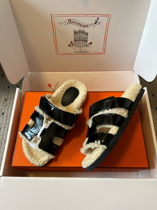 Herme* top autumn and winter new H-shaped leather plush slippers