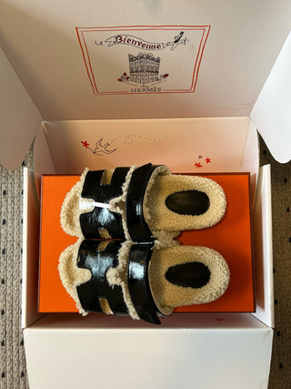 Herme* top autumn and winter new H-shaped leather plush slippers