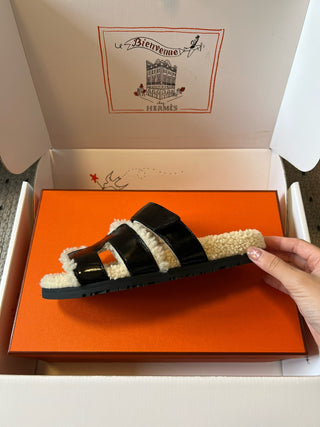 Herme* top autumn and winter new H-shaped leather plush slippers