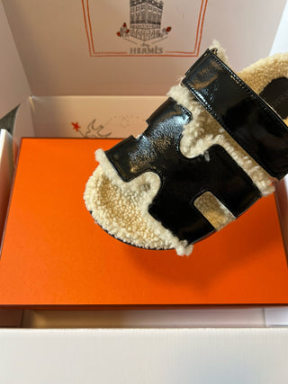 Herme* top autumn and winter new H-shaped leather plush slippers