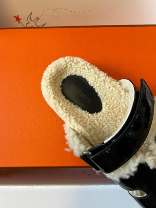 Herme* top autumn and winter new H-shaped leather plush slippers