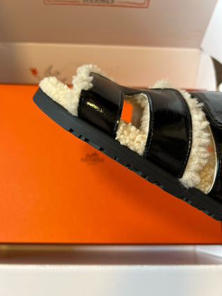 Herme* top autumn and winter new H-shaped leather plush slippers