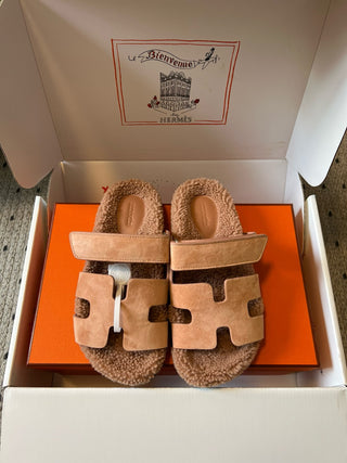 Herme* top autumn and winter new H-shaped leather plush slippers