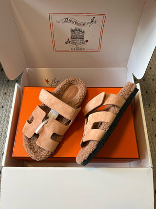 Herme* top autumn and winter new H-shaped leather plush slippers