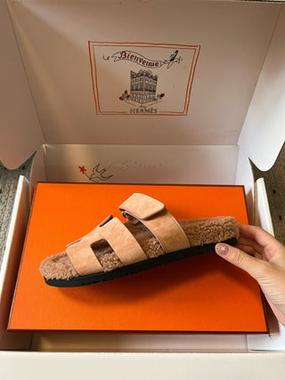 Herme* top autumn and winter new H-shaped leather plush slippers