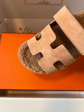Herme* top autumn and winter new H-shaped leather plush slippers