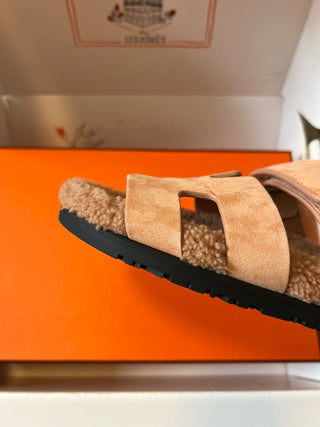 Herme* top autumn and winter new H-shaped leather plush slippers