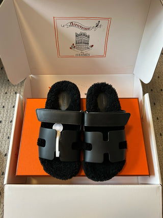 Herme* top autumn and winter new H-shaped leather plush slippers