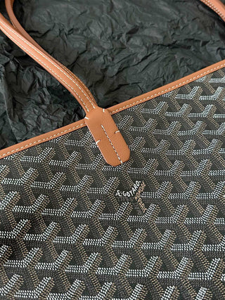 Zippered Tote Shopping Bag, Large/Medium, Black/Brown