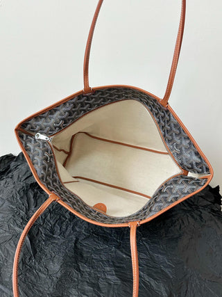 Zippered Tote Shopping Bag, Large/Medium, Black/Brown