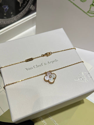 VCA new pink shell with diamond four-leaf clover necklace (925 silver + zircon)