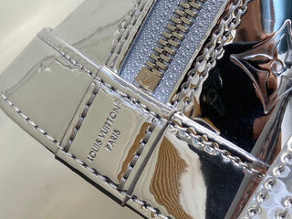 Silver mirror finish patent leather small shell bag