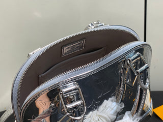 Silver mirror finish patent leather small shell bag