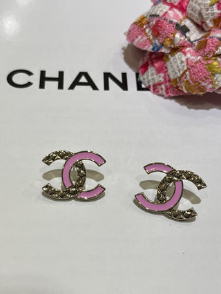 chane* new pink enamel diamond pattern double C earrings