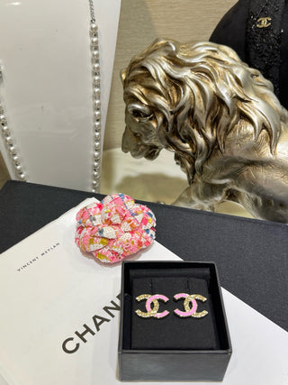 chane* new pink enamel diamond pattern double C earrings