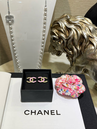 chane* new pink enamel diamond pattern double C earrings