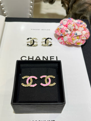 chane* new pink enamel diamond pattern double C earrings