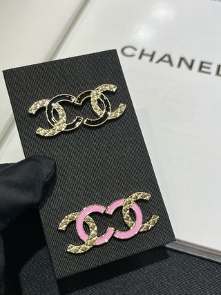 chane* new pink enamel diamond pattern double C earrings