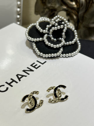 chane* new black and gold enamel diamond pattern double C earrings