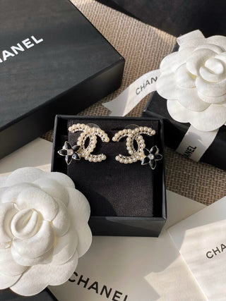 Chane* Black Flower Double C Stud Earrings