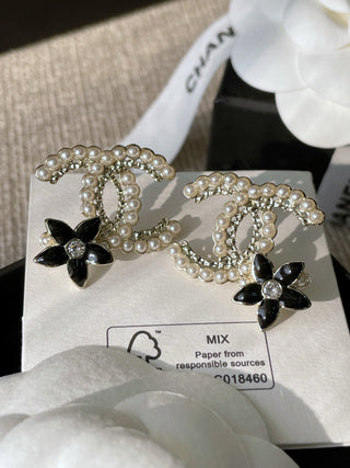 Chane* Black Flower Double C Stud Earrings