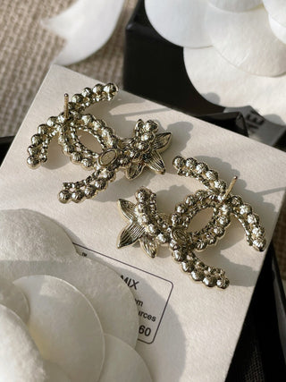 Chane* Black Flower Double C Stud Earrings