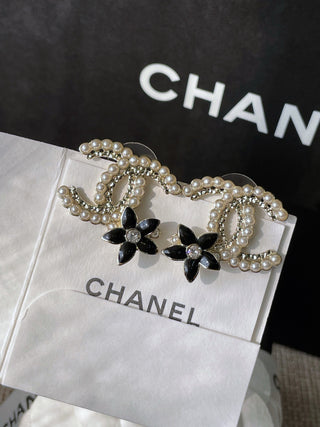 Chane* Black Flower Double C Stud Earrings