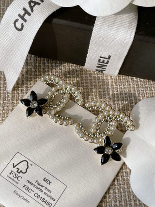 Chane* Black Flower Double C Stud Earrings