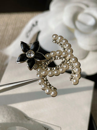 Chane* Black Flower Double C Stud Earrings