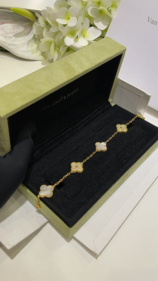 Four-Leaf Clover White Mother-of-Pearl Full Diamond Five-Color Bracelet