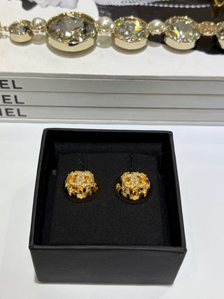 26C New Gold Full Diamond Double C Gold Ball Stud Earrings