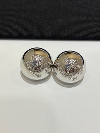 26C New Silver Crystal Double C Hemispherical Button Earrings