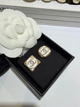 26C New Gold Double C White Enamel Asymmetrical Stud Earrings