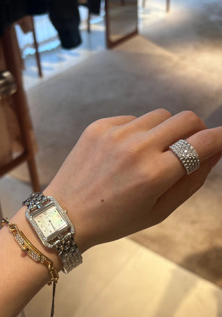 Silver Five-Row Diamond Gold Bead Ring