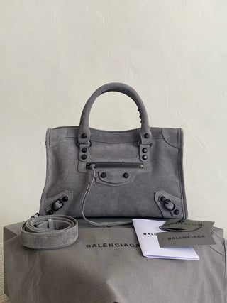 ba1enciaga le city motorcycle bag, small/S, suede grey 🩶