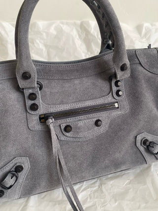 ba1enciaga le city motorcycle bag, small/S, suede grey 🩶