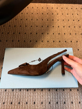 PRAD* Retro Triangle Logo Pointed Kitten Heels