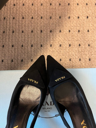 PRAD* Retro Triangle Logo Pointed Kitten Heels