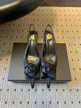 Rose-Embellished Pointed-Toe High-Heeled Sandals