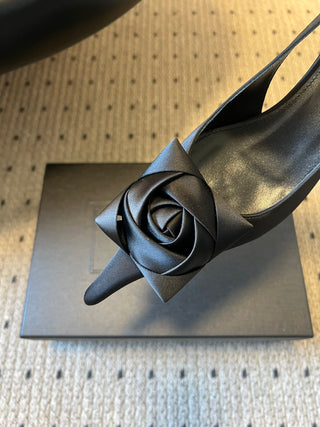 Rose-Embellished Pointed-Toe High-Heeled Sandals