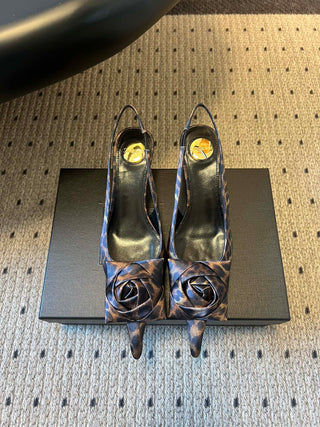 Rose-Embellished Pointed-Toe High-Heeled Sandals