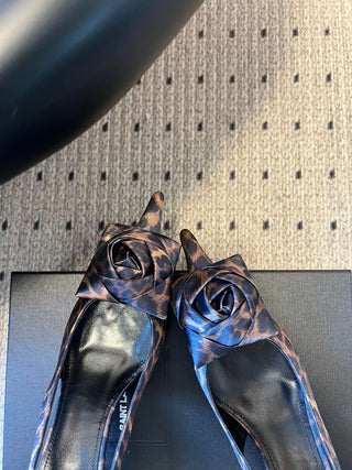 Rose-Embellished Pointed-Toe High-Heeled Sandals