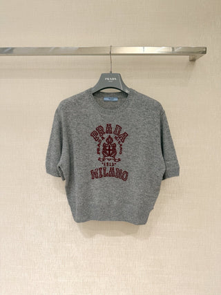 Grey Short-Sleeve Knit Sweater