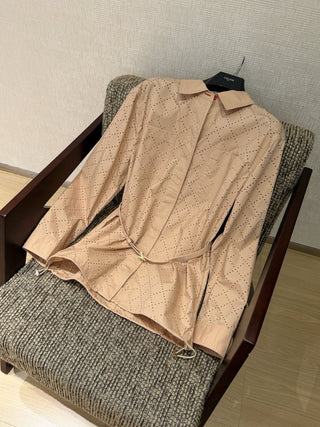 Fend*26’s new apricot-colored lace-trimmed shirt jacket