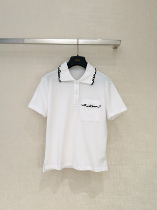 Dio*26 Newest Embroidered Letter White Polo Shirt with Short Sleeves