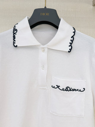 Dio*26 Newest Embroidered Letter White Polo Shirt with Short Sleeves